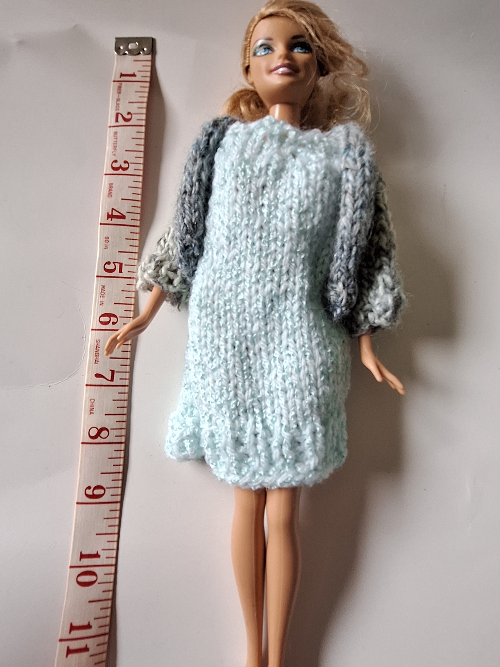 Barbie With Handmade Doll Outfit - Light Blue Knit Dress with Gray Cardigan